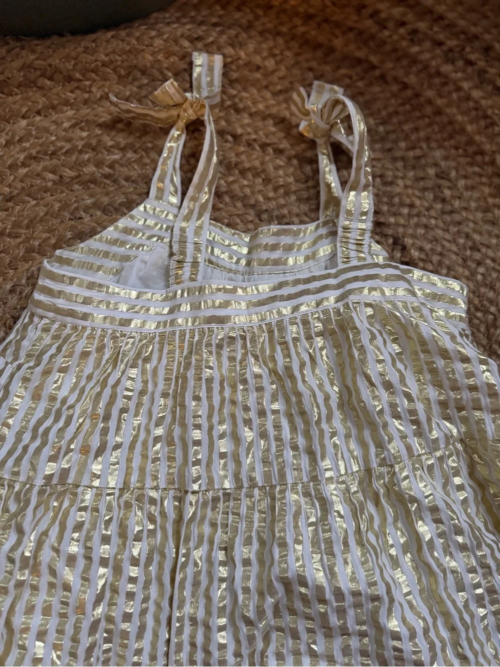 Girls' Crewcuts White & Gold Metallic Striped Sundress with Tie-Strap Shoulders